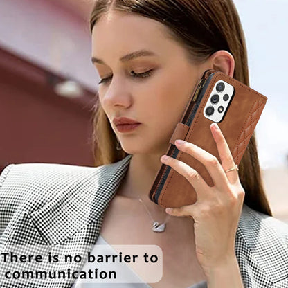 For Samsung Galaxy A32 4G (EU Version) Rhombus Imprint Zipper Pocket Wallet Phone Case Leather Card Holder Stand Cover