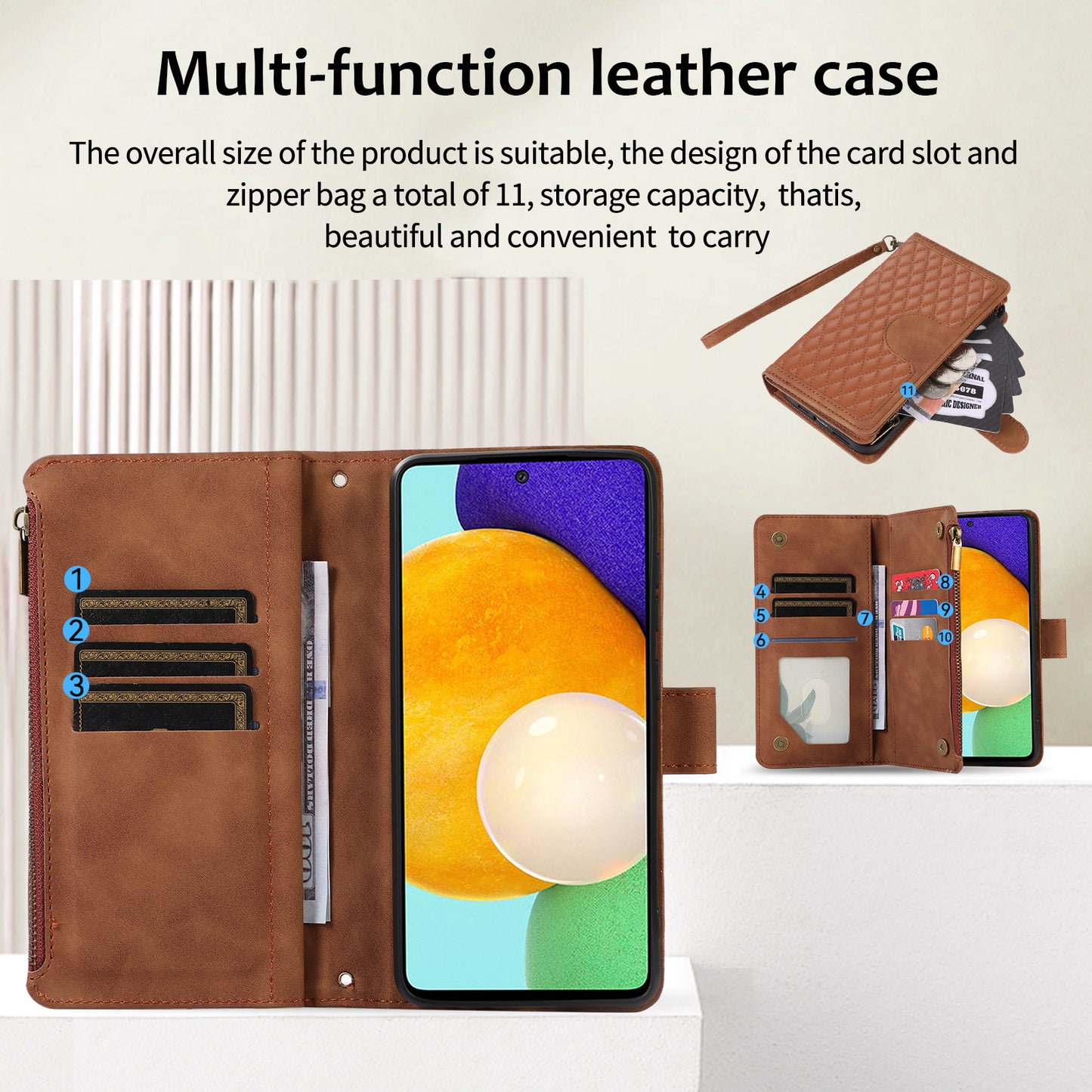 For Samsung Galaxy A32 4G (EU Version) Rhombus Imprint Zipper Pocket Wallet Phone Case Leather Card Holder Stand Cover