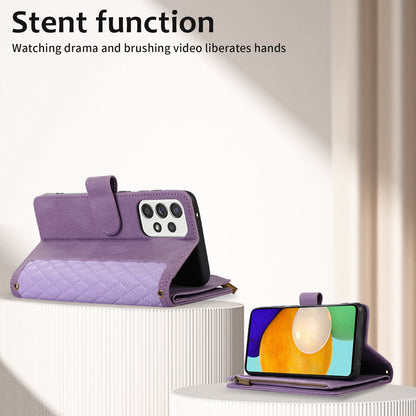 For Samsung Galaxy A32 4G (EU Version) Rhombus Imprint Zipper Pocket Wallet Phone Case Leather Card Holder Stand Cover