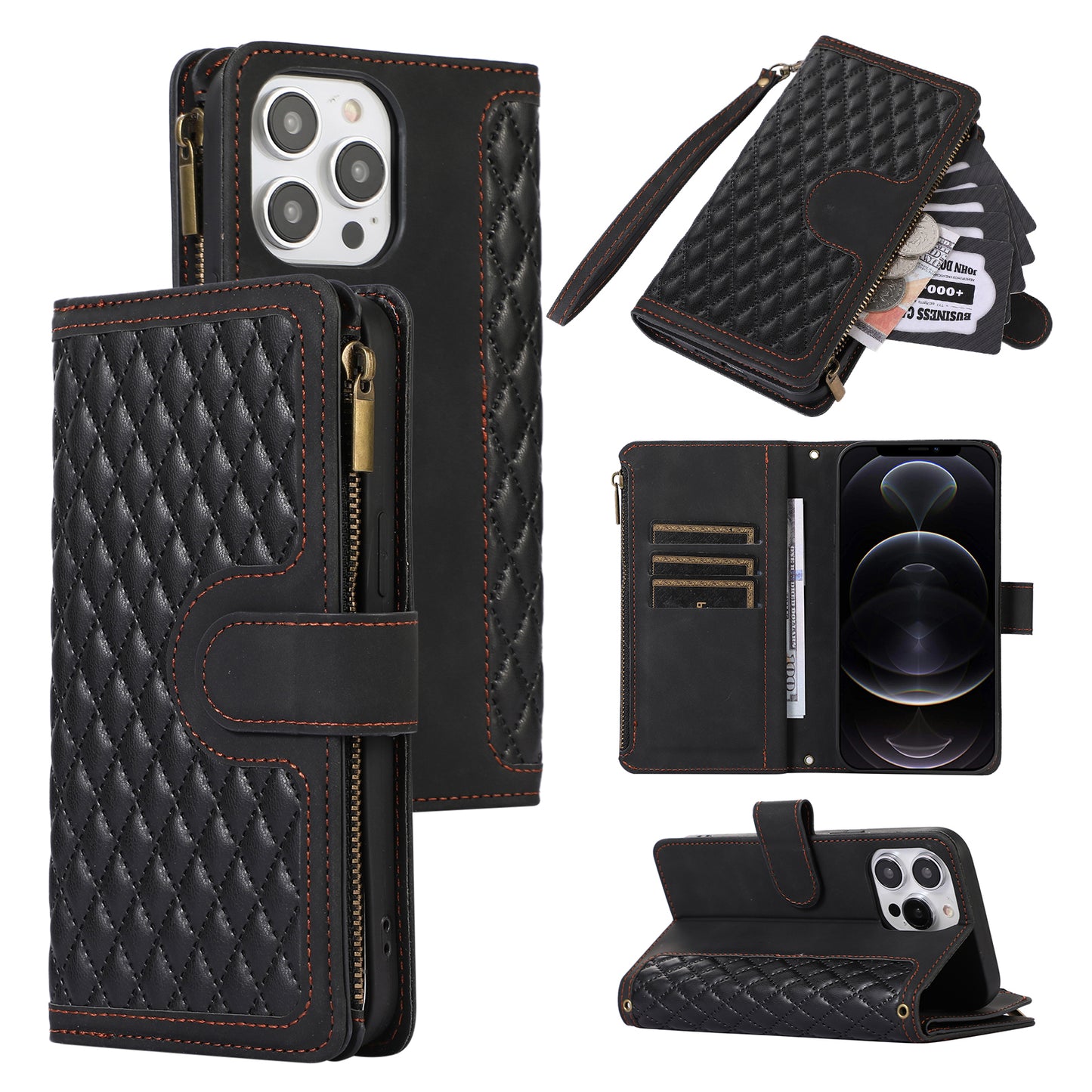 For iPhone 12 Pro Max 6.7 inch Leather Wallet Card Holder Phone Case Rhombus Imprinted Stand Cover with Zipper Pocket