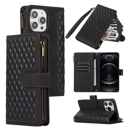 For iPhone 12 Pro Max 6.7 inch Leather Wallet Card Holder Phone Case Rhombus Imprinted Stand Cover with Zipper Pocket