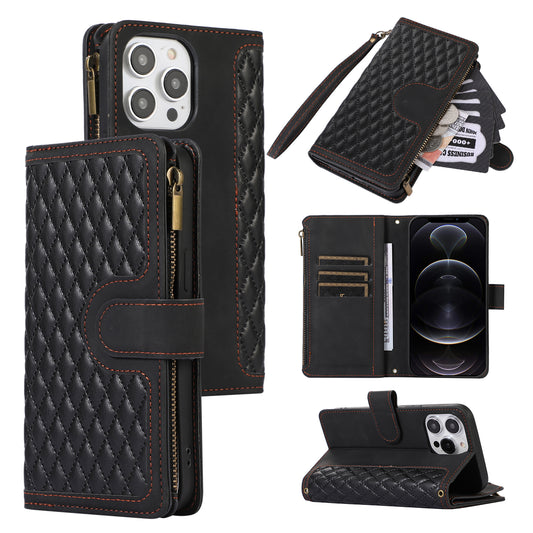 For iPhone 12 Pro Max 6.7 inch Leather Wallet Card Holder Phone Case Rhombus Imprinted Stand Cover with Zipper Pocket