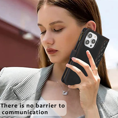 For iPhone 12 Pro Max 6.7 inch Leather Wallet Card Holder Phone Case Rhombus Imprinted Stand Cover with Zipper Pocket