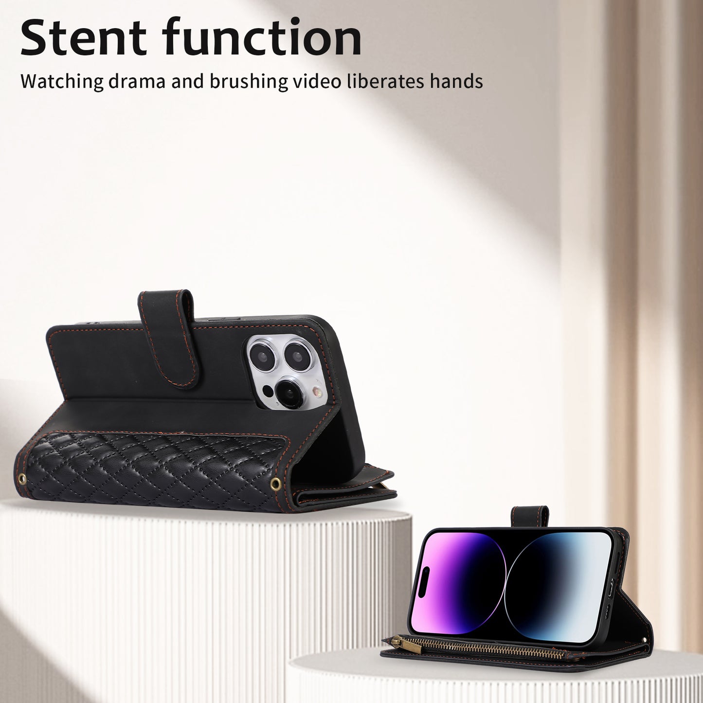 For iPhone 12 Pro Max 6.7 inch Leather Wallet Card Holder Phone Case Rhombus Imprinted Stand Cover with Zipper Pocket