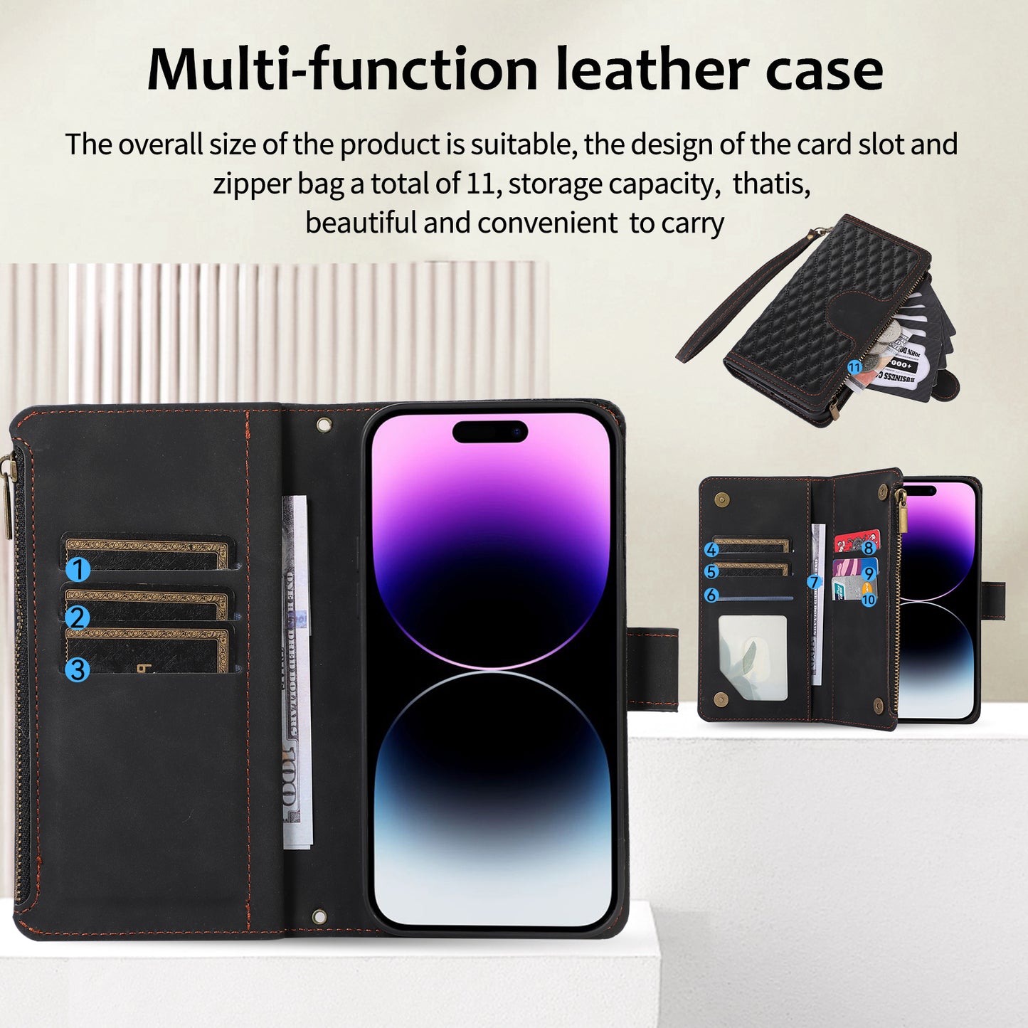 For iPhone 12 Pro Max 6.7 inch Leather Wallet Card Holder Phone Case Rhombus Imprinted Stand Cover with Zipper Pocket
