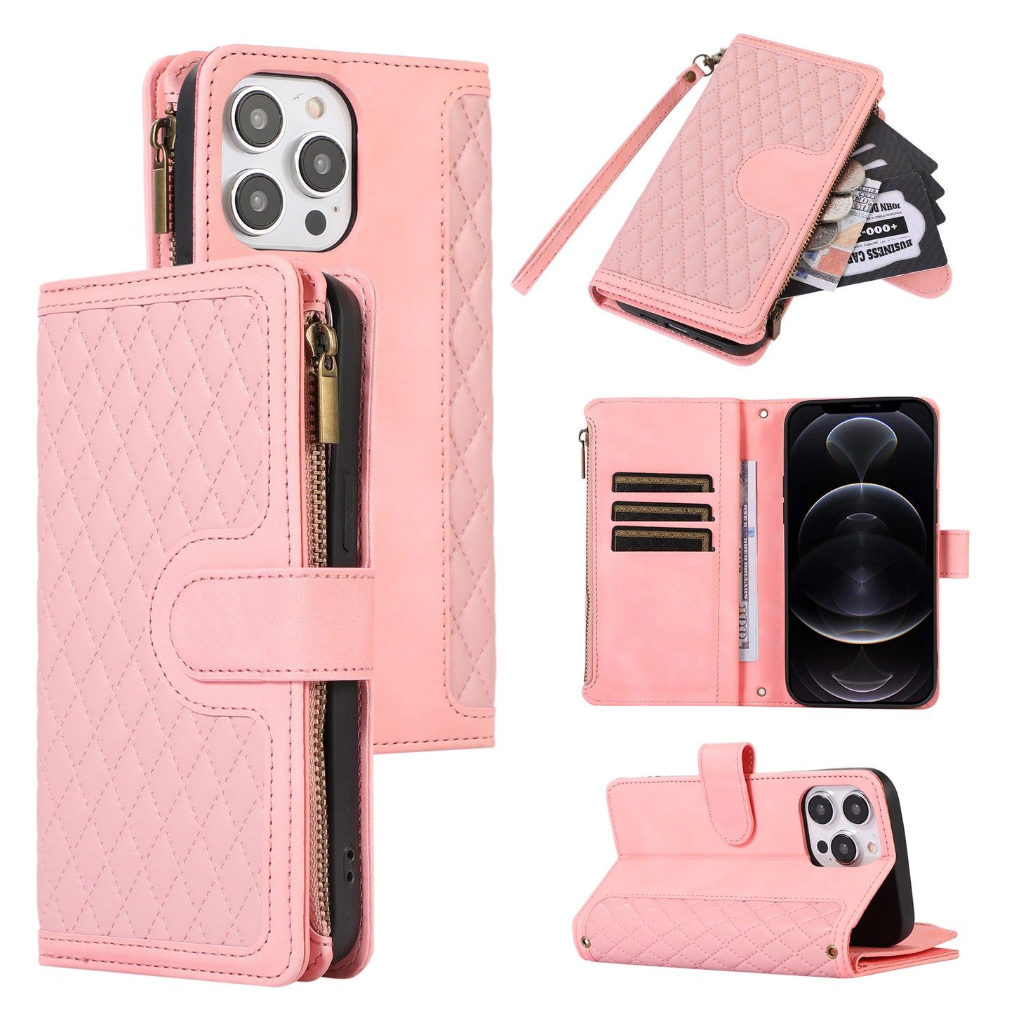 For iPhone 12 Pro Max 6.7 inch Leather Wallet Card Holder Phone Case Rhombus Imprinted Stand Cover with Zipper Pocket
