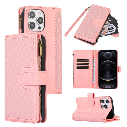 For iPhone 12 Pro Max 6.7 inch Leather Wallet Card Holder Phone Case Rhombus Imprinted Stand Cover with Zipper Pocket