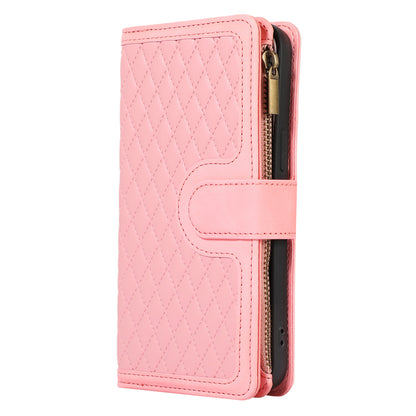 For iPhone 12 Pro Max 6.7 inch Leather Wallet Card Holder Phone Case Rhombus Imprinted Stand Cover with Zipper Pocket