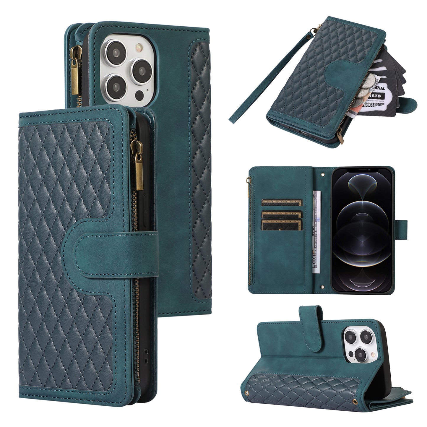 For iPhone 12 Pro Max 6.7 inch Leather Wallet Card Holder Phone Case Rhombus Imprinted Stand Cover with Zipper Pocket