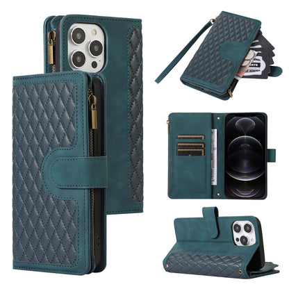 For iPhone 12 Pro Max 6.7 inch Leather Wallet Card Holder Phone Case Rhombus Imprinted Stand Cover with Zipper Pocket