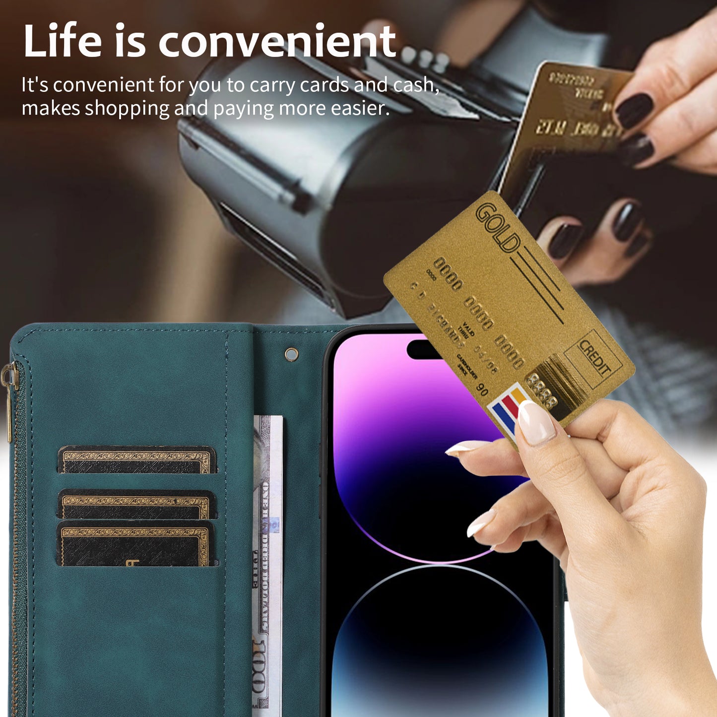 For iPhone 12 Pro Max 6.7 inch Leather Wallet Card Holder Phone Case Rhombus Imprinted Stand Cover with Zipper Pocket