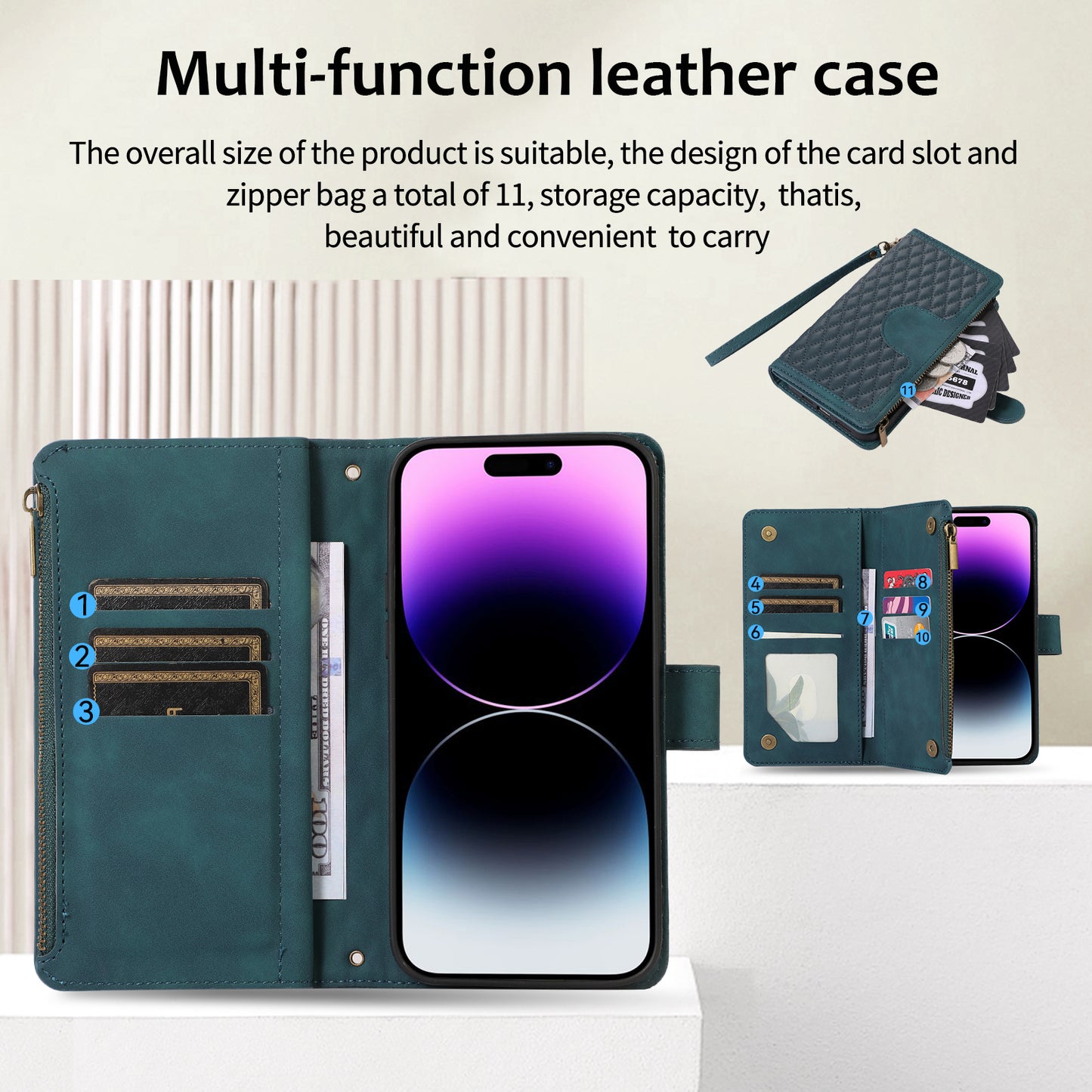 For iPhone 12 Pro Max 6.7 inch Leather Wallet Card Holder Phone Case Rhombus Imprinted Stand Cover with Zipper Pocket