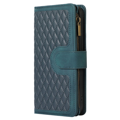 For iPhone 12 Pro Max 6.7 inch Leather Wallet Card Holder Phone Case Rhombus Imprinted Stand Cover with Zipper Pocket