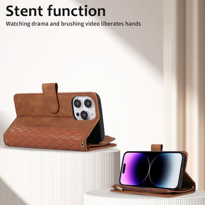 For iPhone 12 Pro Max 6.7 inch Leather Wallet Card Holder Phone Case Rhombus Imprinted Stand Cover with Zipper Pocket