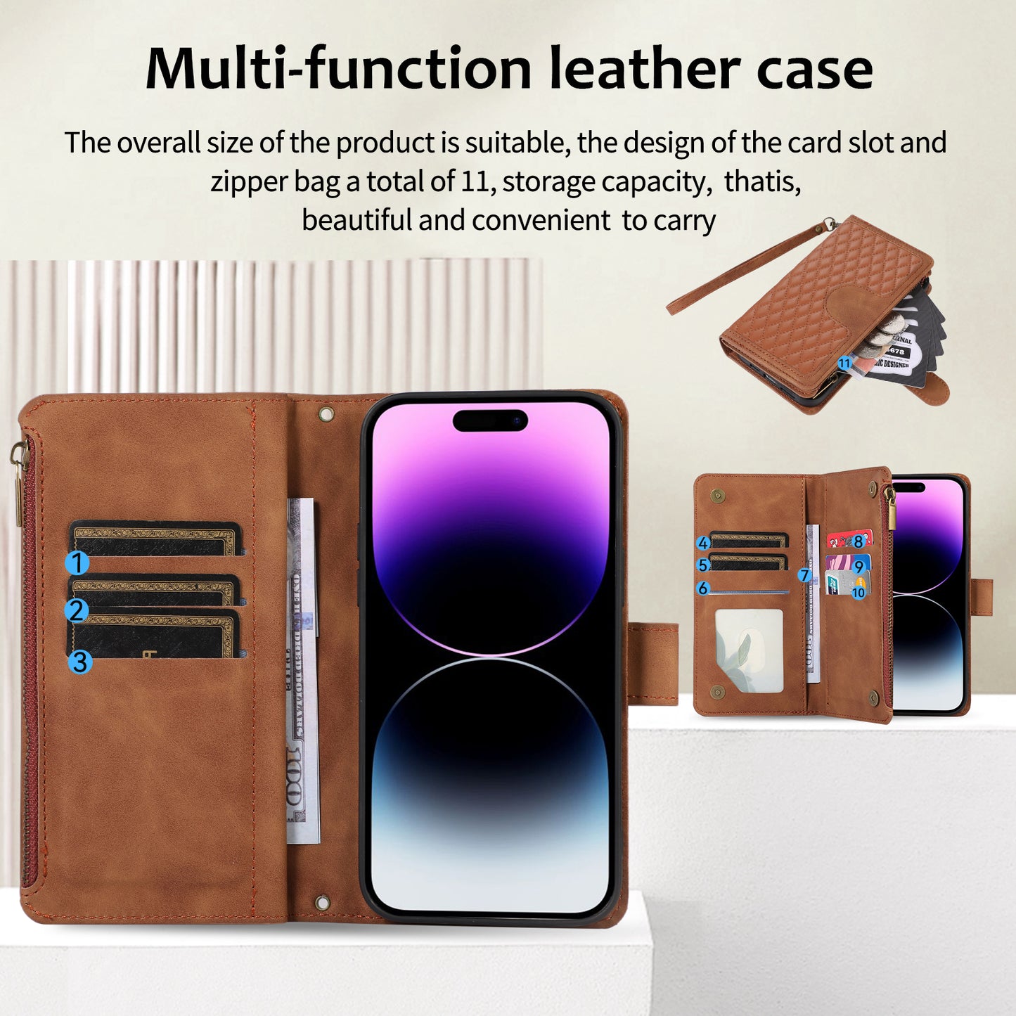 For iPhone 12 Pro Max 6.7 inch Leather Wallet Card Holder Phone Case Rhombus Imprinted Stand Cover with Zipper Pocket