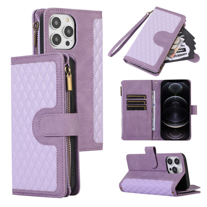 For iPhone 12 Pro Max 6.7 inch Leather Wallet Card Holder Phone Case Rhombus Imprinted Stand Cover with Zipper Pocket