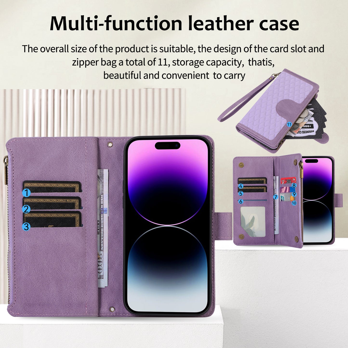 For iPhone 12 Pro Max 6.7 inch Leather Wallet Card Holder Phone Case Rhombus Imprinted Stand Cover with Zipper Pocket