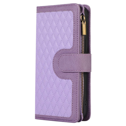 For iPhone 12 Pro Max 6.7 inch Leather Wallet Card Holder Phone Case Rhombus Imprinted Stand Cover with Zipper Pocket
