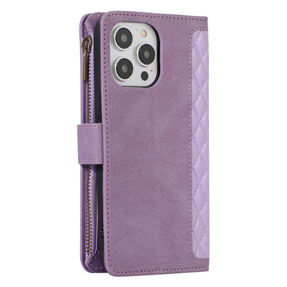 For iPhone 12 Pro Max 6.7 inch Leather Wallet Card Holder Phone Case Rhombus Imprinted Stand Cover with Zipper Pocket