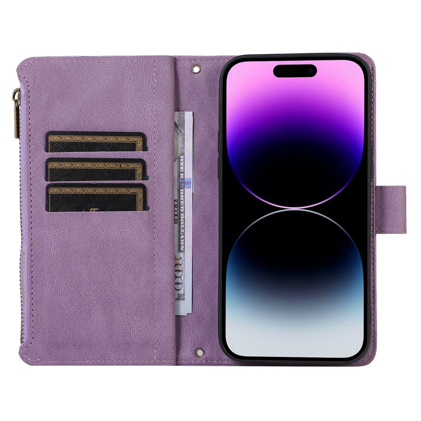 For iPhone 12 Pro Max 6.7 inch Leather Wallet Card Holder Phone Case Rhombus Imprinted Stand Cover with Zipper Pocket