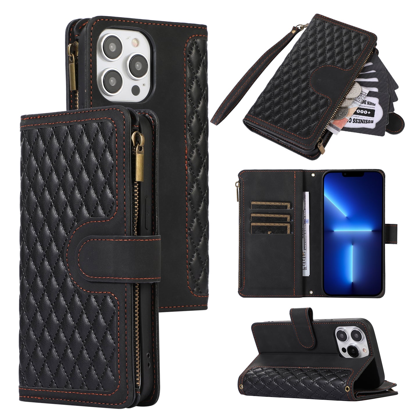 For iPhone 13 Pro Max 6.7 inch PU Leather 9 Card Slots Wallet Phone Case Imprinted Zipper Pocket Flip Stand Cover