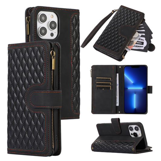 For iPhone 13 Pro Max 6.7 inch PU Leather 9 Card Slots Wallet Phone Case Imprinted Zipper Pocket Flip Stand Cover