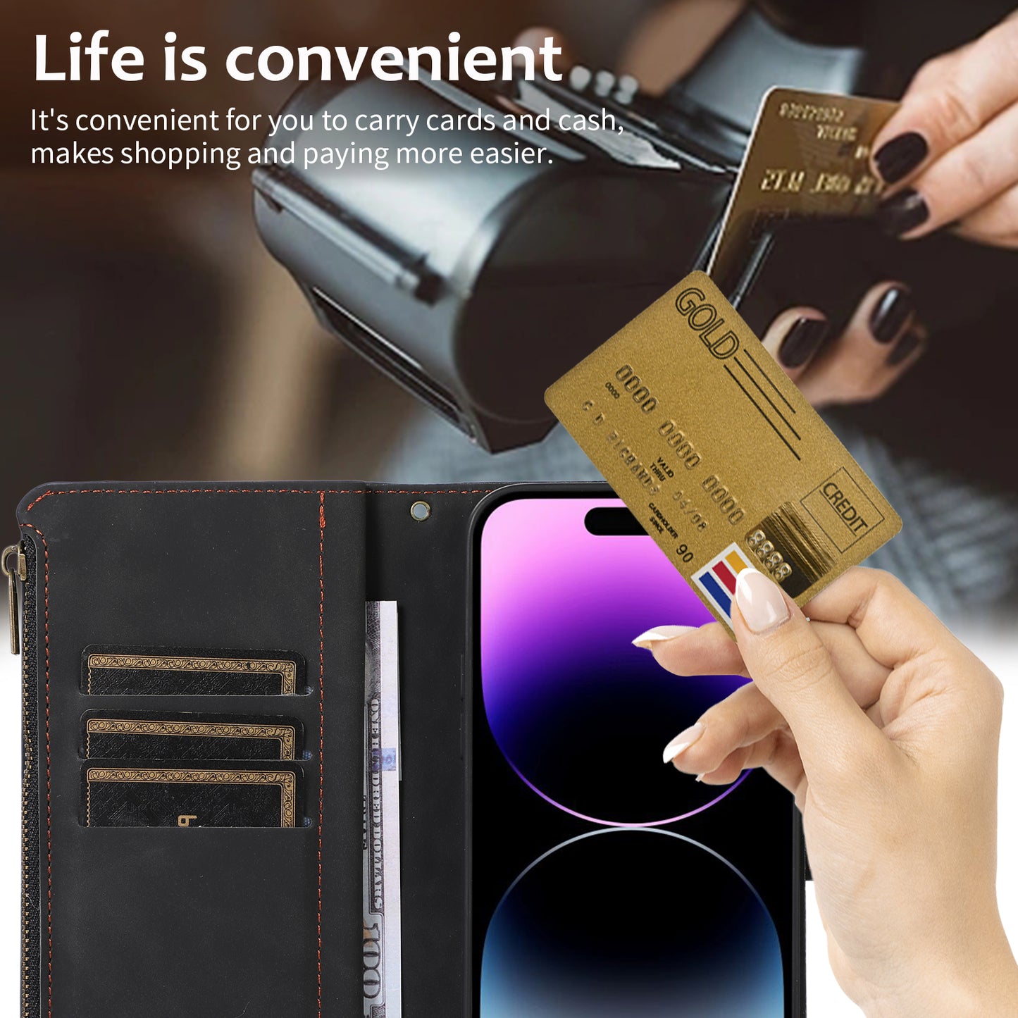 For iPhone 13 Pro Max 6.7 inch PU Leather 9 Card Slots Wallet Phone Case Imprinted Zipper Pocket Flip Stand Cover