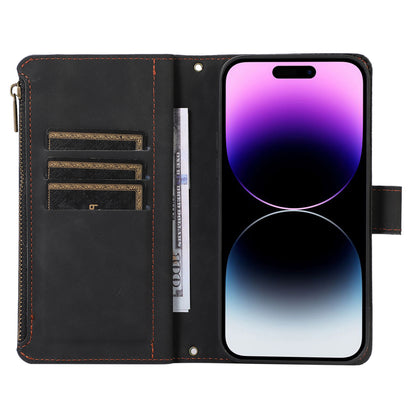 For iPhone 13 Pro Max 6.7 inch PU Leather 9 Card Slots Wallet Phone Case Imprinted Zipper Pocket Flip Stand Cover