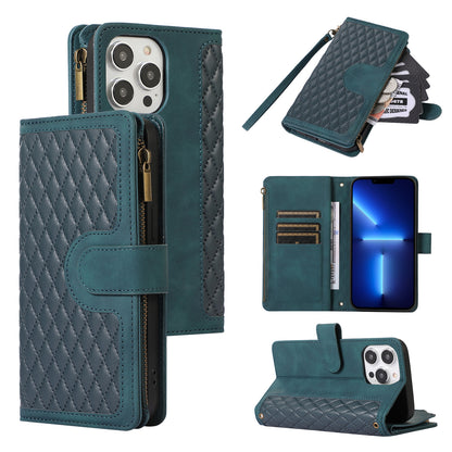 For iPhone 13 Pro Max 6.7 inch PU Leather 9 Card Slots Wallet Phone Case Imprinted Zipper Pocket Flip Stand Cover