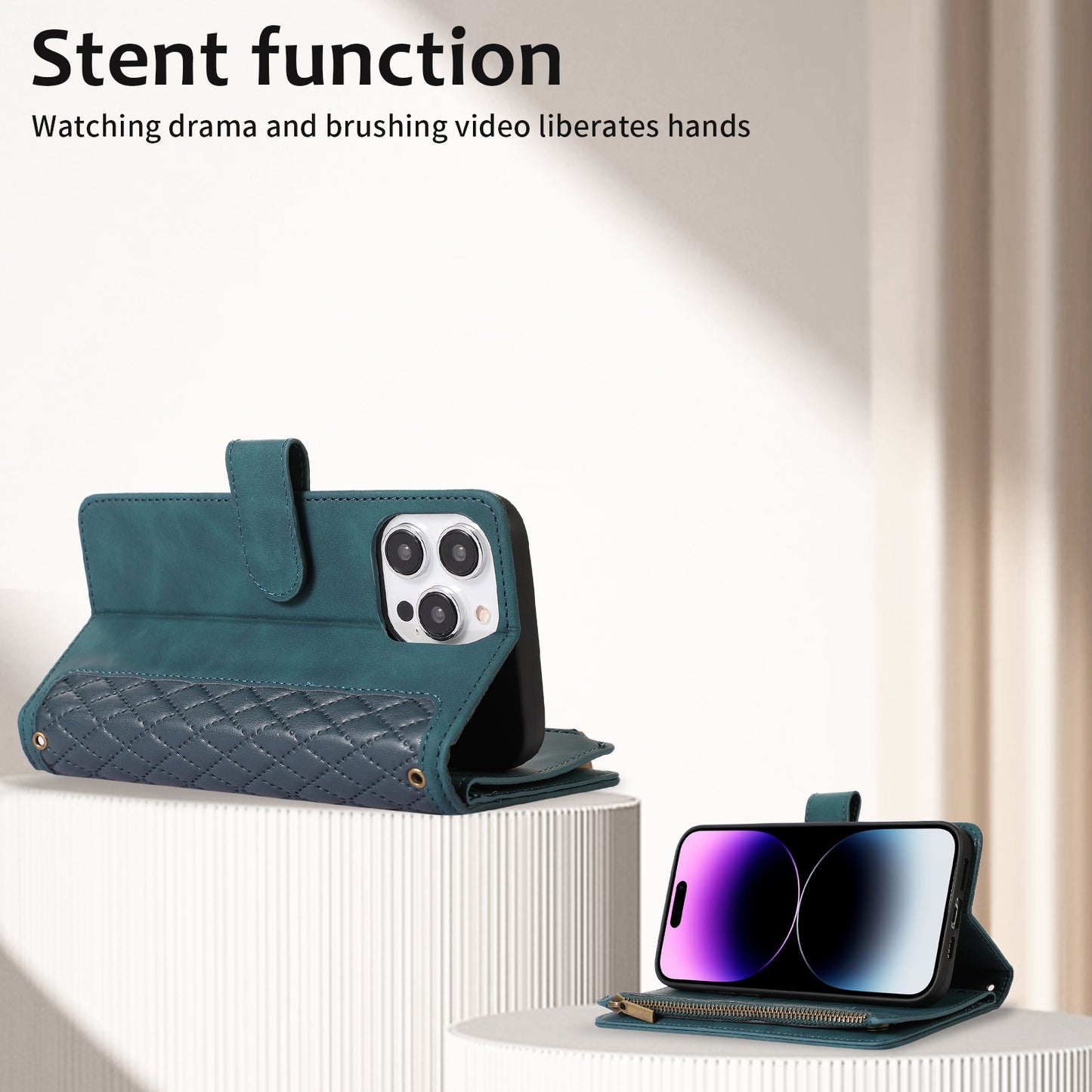 For iPhone 13 Pro Max 6.7 inch PU Leather 9 Card Slots Wallet Phone Case Imprinted Zipper Pocket Flip Stand Cover