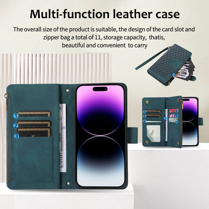 For iPhone 13 Pro Max 6.7 inch PU Leather 9 Card Slots Wallet Phone Case Imprinted Zipper Pocket Flip Stand Cover