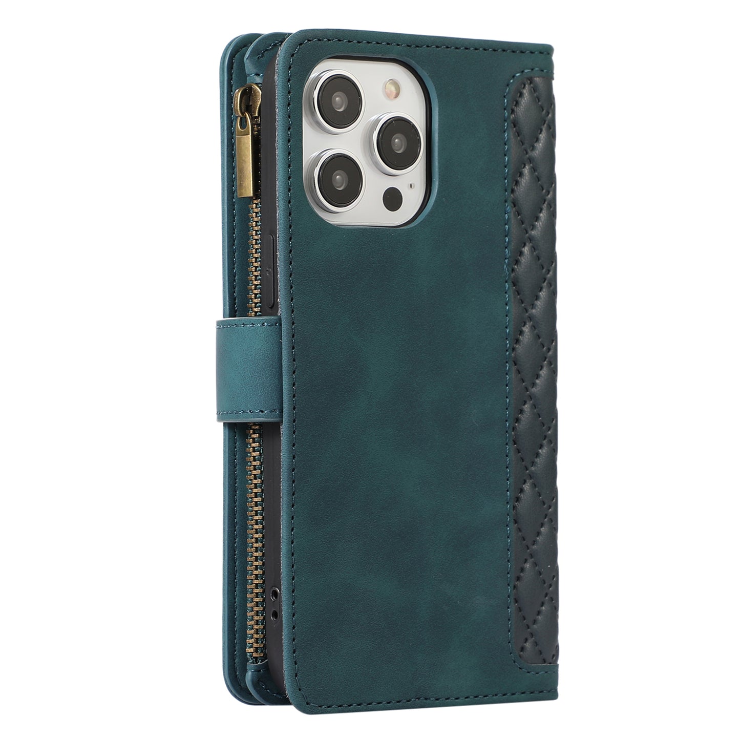 For iPhone 13 Pro Max 6.7 inch PU Leather 9 Card Slots Wallet Phone Case Imprinted Zipper Pocket Flip Stand Cover