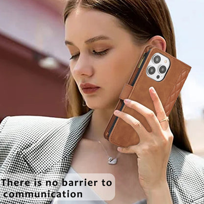 For iPhone 13 Pro Max 6.7 inch PU Leather 9 Card Slots Wallet Phone Case Imprinted Zipper Pocket Flip Stand Cover