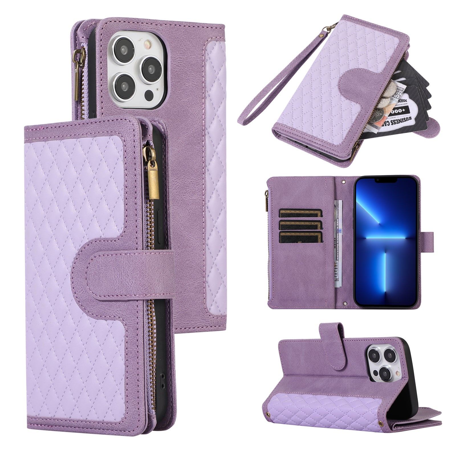For iPhone 13 Pro Max 6.7 inch PU Leather 9 Card Slots Wallet Phone Case Imprinted Zipper Pocket Flip Stand Cover