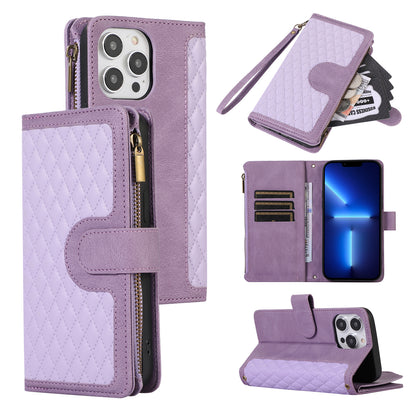 For iPhone 13 Pro Max 6.7 inch PU Leather 9 Card Slots Wallet Phone Case Imprinted Zipper Pocket Flip Stand Cover