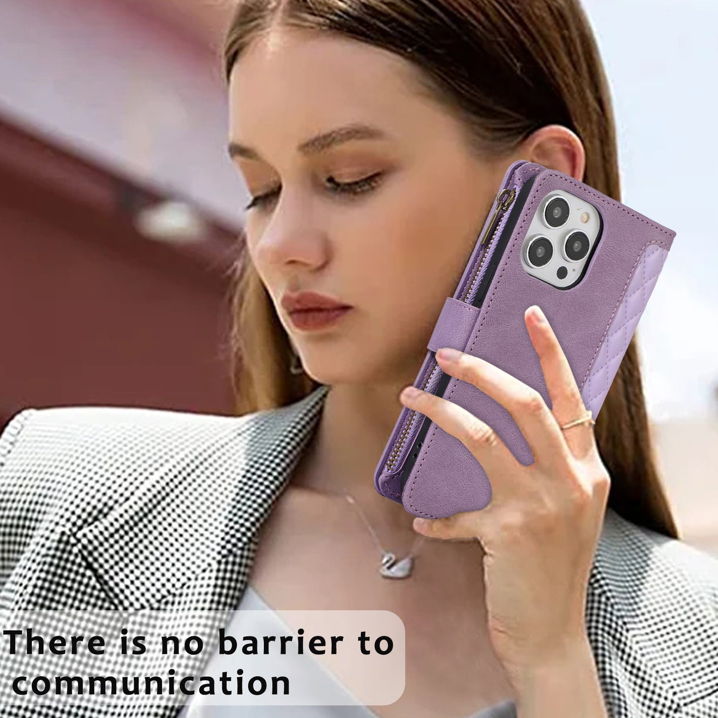 For iPhone 13 Pro Max 6.7 inch PU Leather 9 Card Slots Wallet Phone Case Imprinted Zipper Pocket Flip Stand Cover