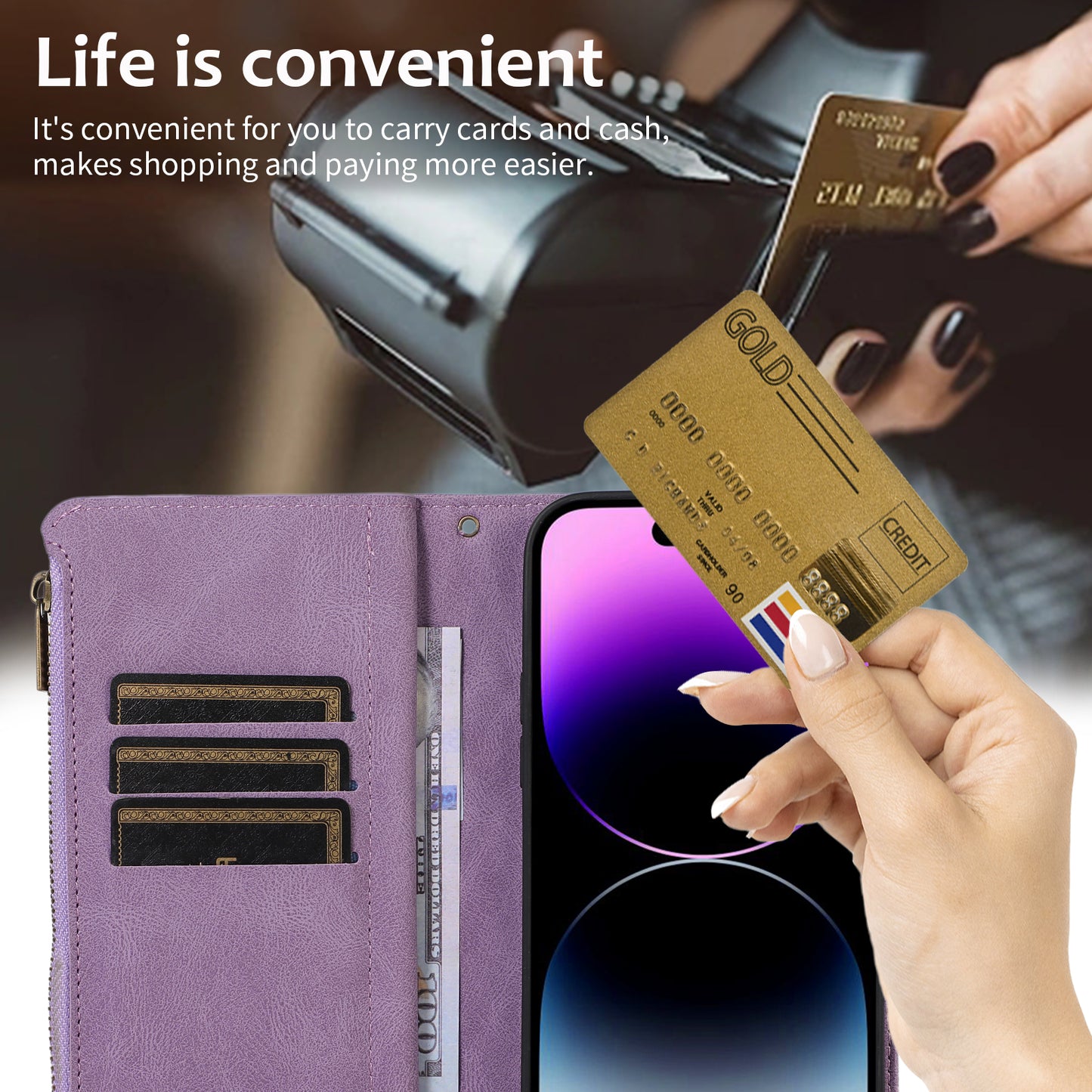 For iPhone 13 Pro Max 6.7 inch PU Leather 9 Card Slots Wallet Phone Case Imprinted Zipper Pocket Flip Stand Cover