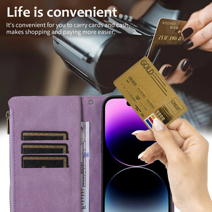 For iPhone 13 Pro Max 6.7 inch PU Leather 9 Card Slots Wallet Phone Case Imprinted Zipper Pocket Flip Stand Cover