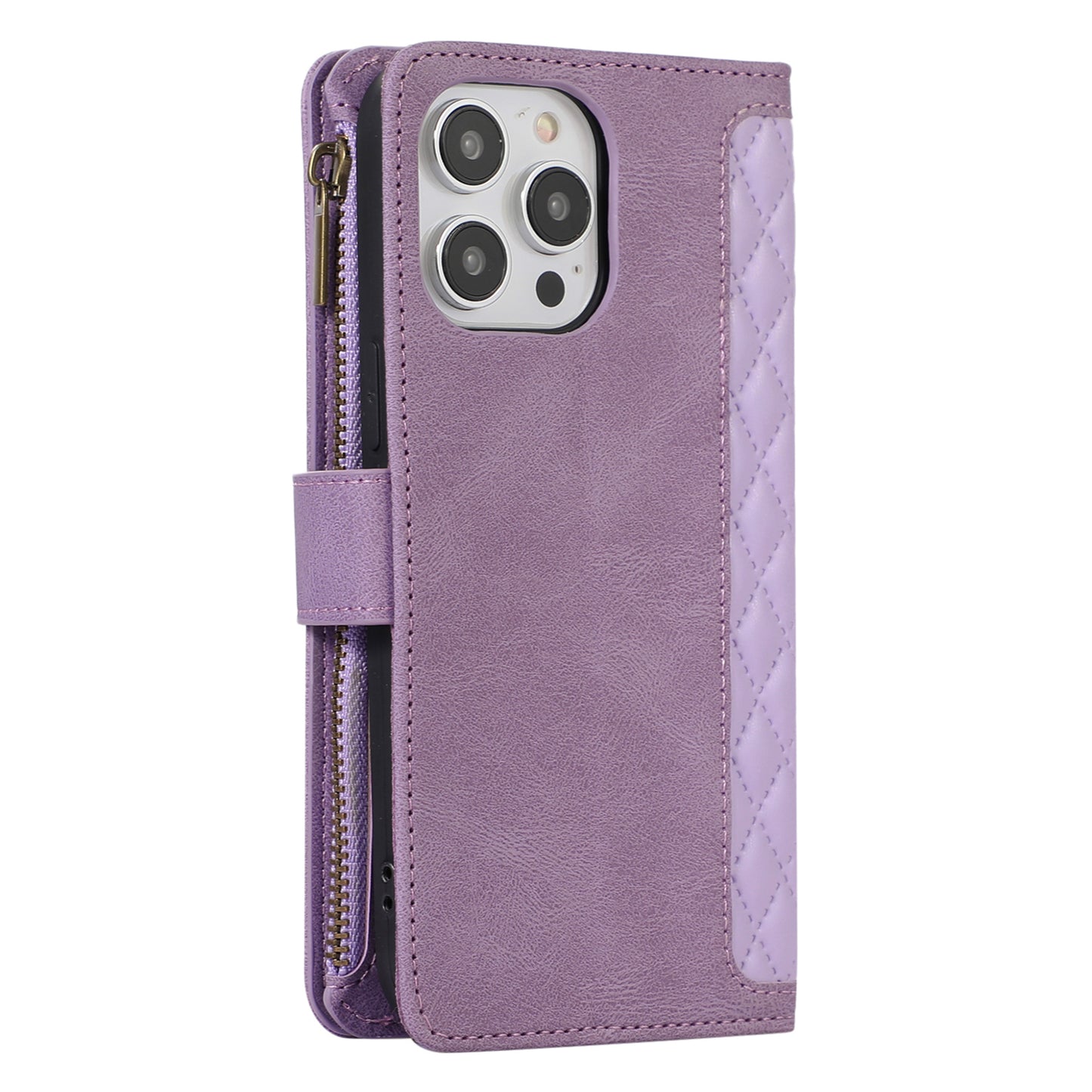 For iPhone 13 Pro Max 6.7 inch PU Leather 9 Card Slots Wallet Phone Case Imprinted Zipper Pocket Flip Stand Cover