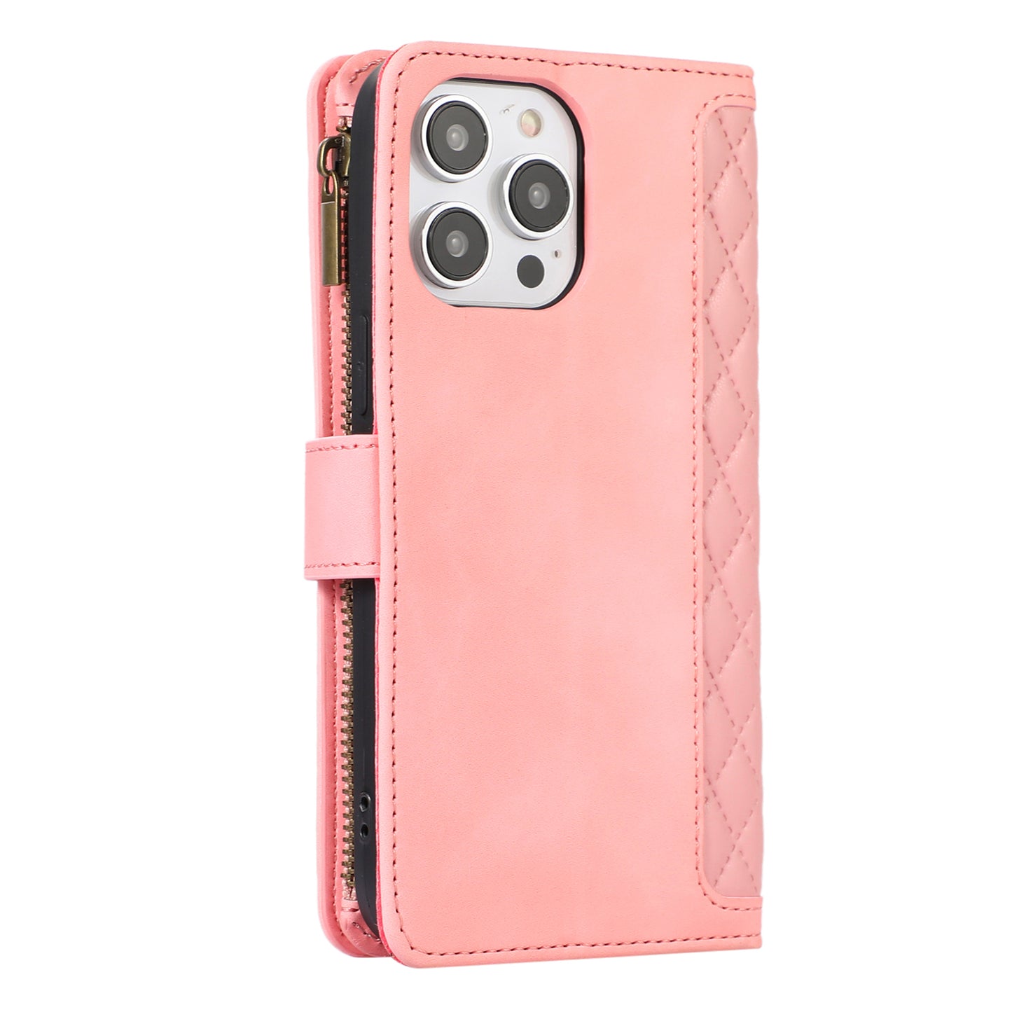 For iPhone 13 Pro Max 6.7 inch PU Leather 9 Card Slots Wallet Phone Case Imprinted Zipper Pocket Flip Stand Cover