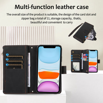 For iPhone 11 Zipper Pocket Leather Wallet Phone Case 9 Card Slots Rhombus Imprinted Stand Shell