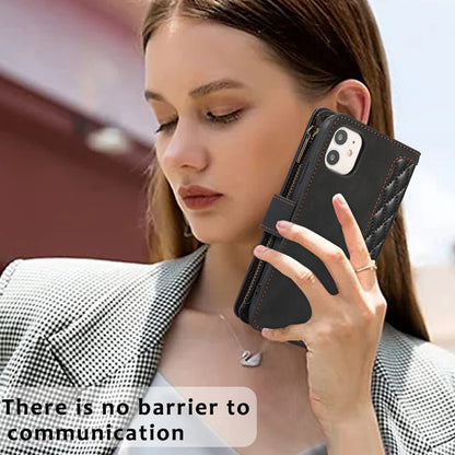 For iPhone 11 Zipper Pocket Leather Wallet Phone Case 9 Card Slots Rhombus Imprinted Stand Shell