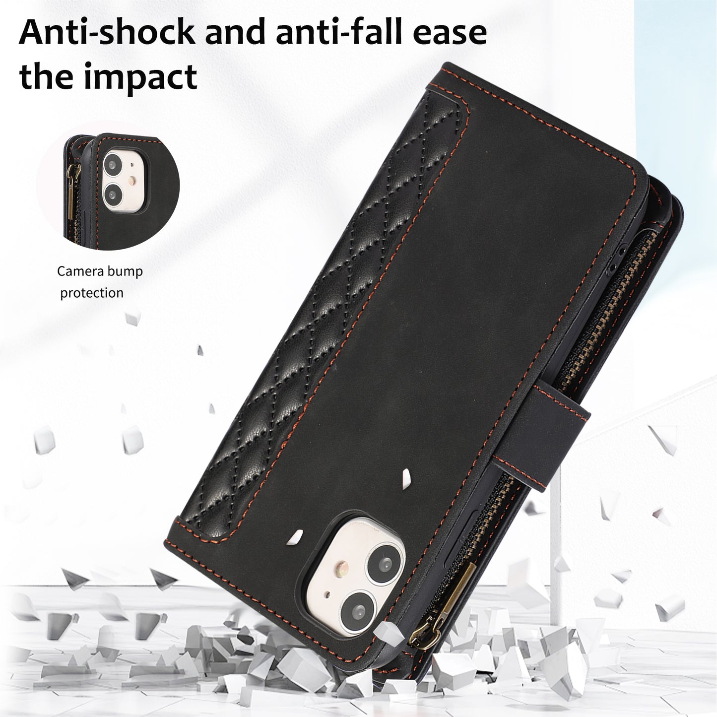 For iPhone 11 Zipper Pocket Leather Wallet Phone Case 9 Card Slots Rhombus Imprinted Stand Shell