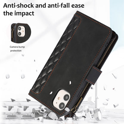 For iPhone 11 Zipper Pocket Leather Wallet Phone Case 9 Card Slots Rhombus Imprinted Stand Shell