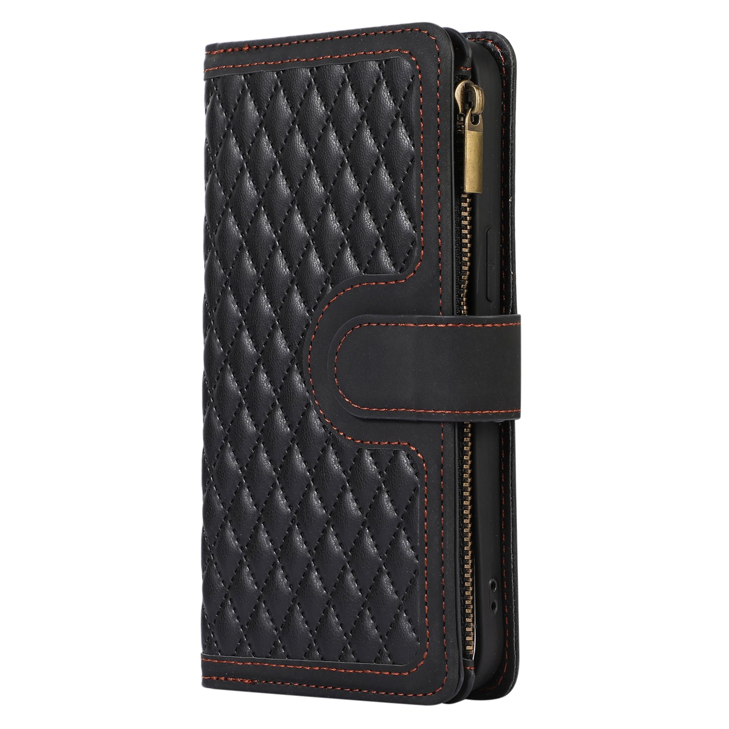 For iPhone 11 Zipper Pocket Leather Wallet Phone Case 9 Card Slots Rhombus Imprinted Stand Shell