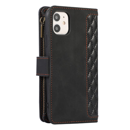 For iPhone 11 Zipper Pocket Leather Wallet Phone Case 9 Card Slots Rhombus Imprinted Stand Shell