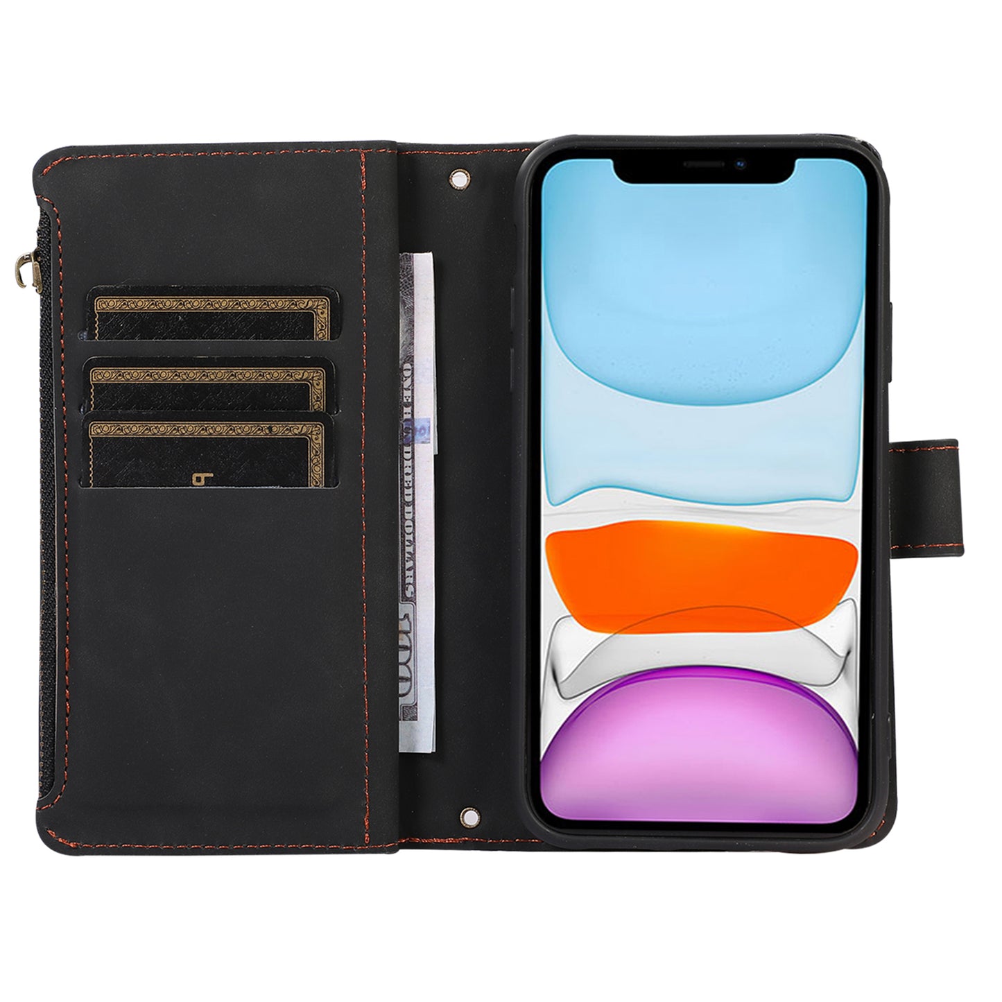 For iPhone 11 Zipper Pocket Leather Wallet Phone Case 9 Card Slots Rhombus Imprinted Stand Shell
