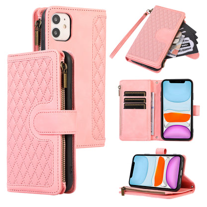 For iPhone 11 Zipper Pocket Leather Wallet Phone Case 9 Card Slots Rhombus Imprinted Stand Shell