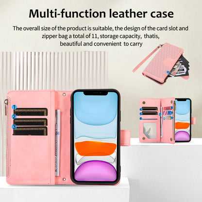 For iPhone 11 Zipper Pocket Leather Wallet Phone Case 9 Card Slots Rhombus Imprinted Stand Shell