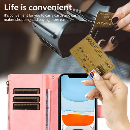 For iPhone 11 Zipper Pocket Leather Wallet Phone Case 9 Card Slots Rhombus Imprinted Stand Shell